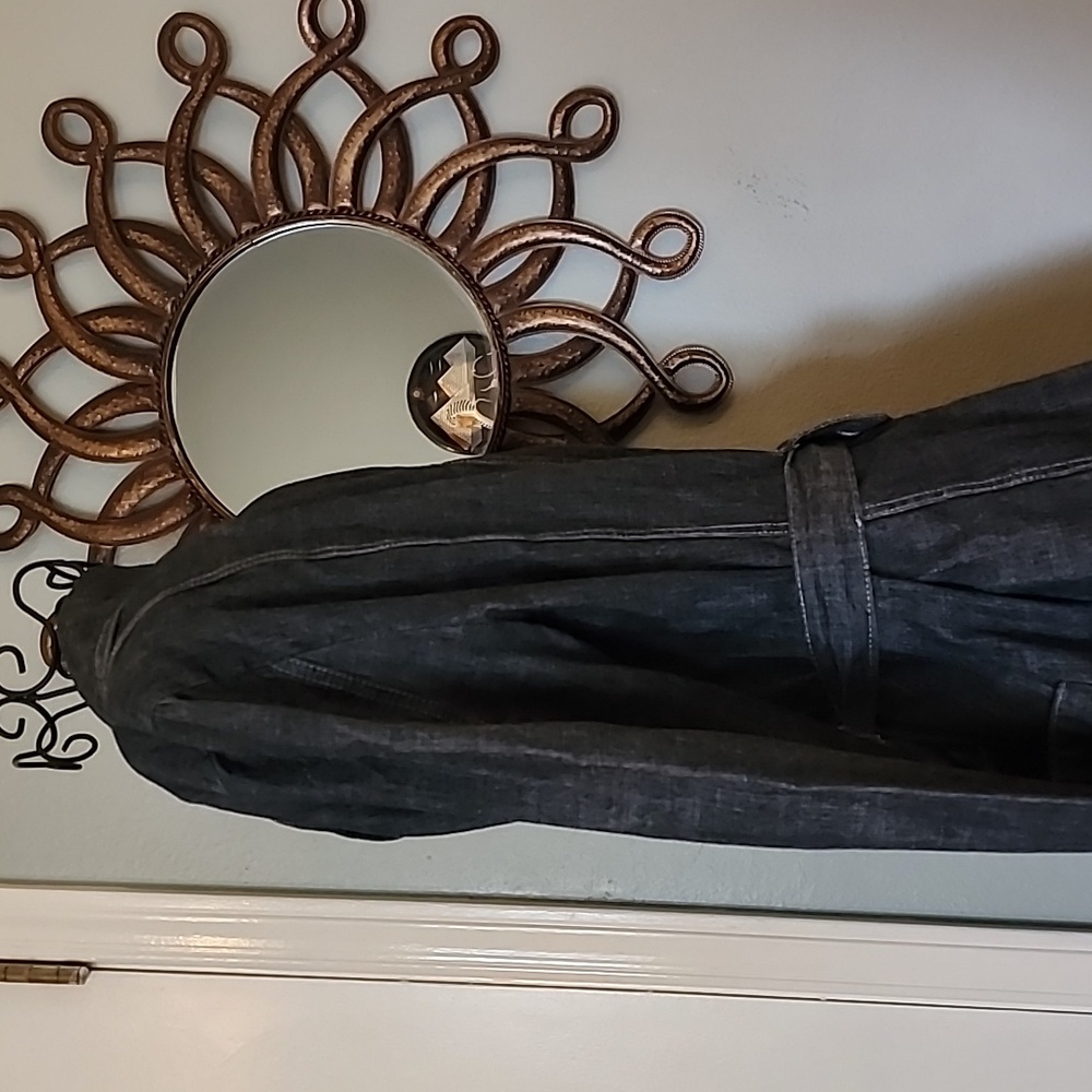 French Cuff Blue Demin Jeans Cotton Belt Pocket Trench Coat Jacket Women's Sz L - Picture 7 of 9
